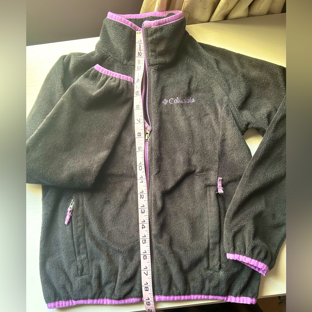 EUC Columbia Kids Youth Jacket - black velour with Purple Accents S (7-8)